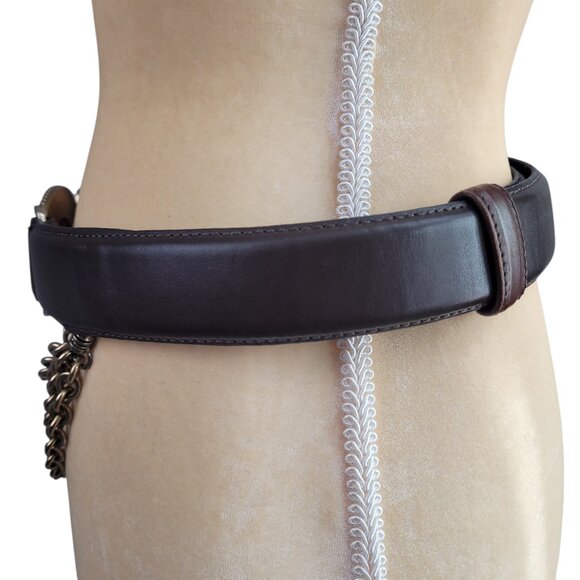 Donna Karan New York DKNY Large Vtg Chain Brown Leather Belt Adjustable 80\